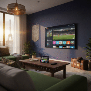 Modern European living room with Smart TV streaming Spanish TV content, Firestick remote on table, and travel suitcase nearby, illustrating IPTV Spain access for expats and frequent travelers across Europe.