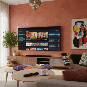 Modern living room with Smart TV showing a generic IPTV interface, Firestick remote on the table, and smartphone streaming app open, illustrating IPTV Spain setup for stable streaming in Spain and Europe.