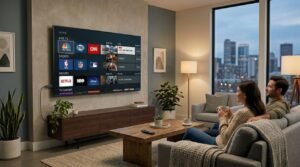 IPTV streaming in the USA on smart TV with Firestick in modern American living room