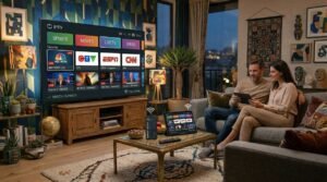 IPTV service on Smart TV with Firestick and mobile devices in USA and Canada showing live channels, smooth streaming and multi-device compatibility